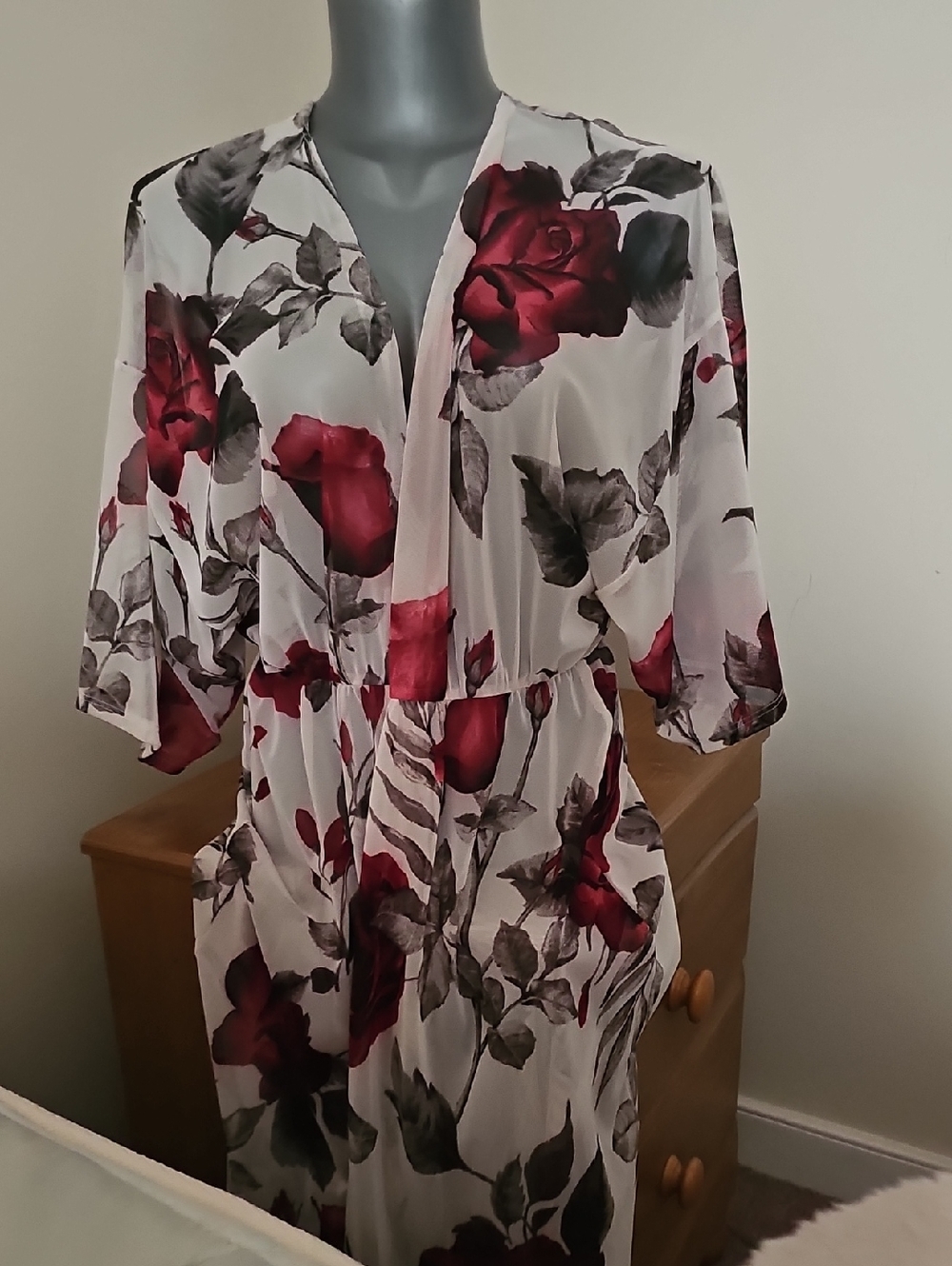 Floral Sheer Robe with Burgundy Rose Print - Women Intimates & Sleepwear